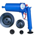 Plastic drain blaster gun with handle and four pipe adaptors for unblocking sinks and toilets