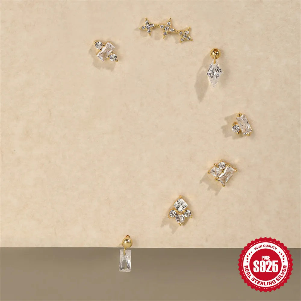S925 sterling silver square gravel stud earring with red centre and gold plating