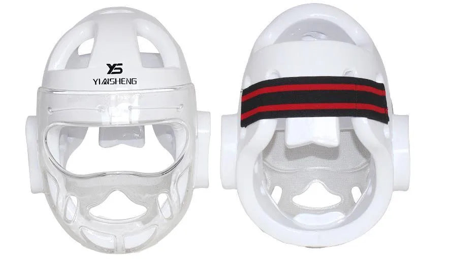 White, blue, and red karate boxing helmet headgear in sizes S, M, L, XL for head protection.