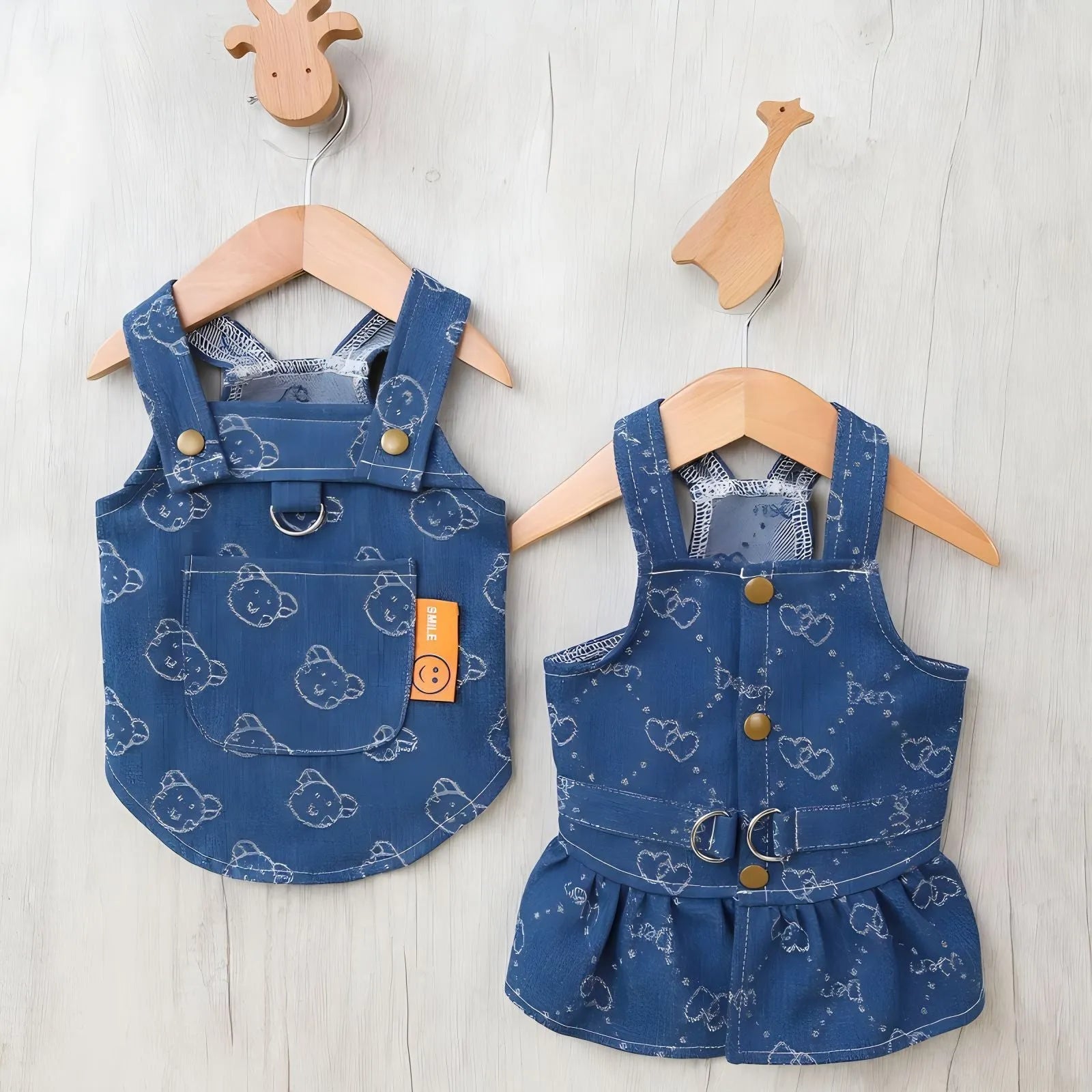 Denim princess dress for small dogs in bracket-skirt style on mannequin