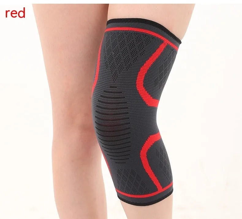 Stretch polyester sports kneepad with corrugated texture in black, shown on a knee.