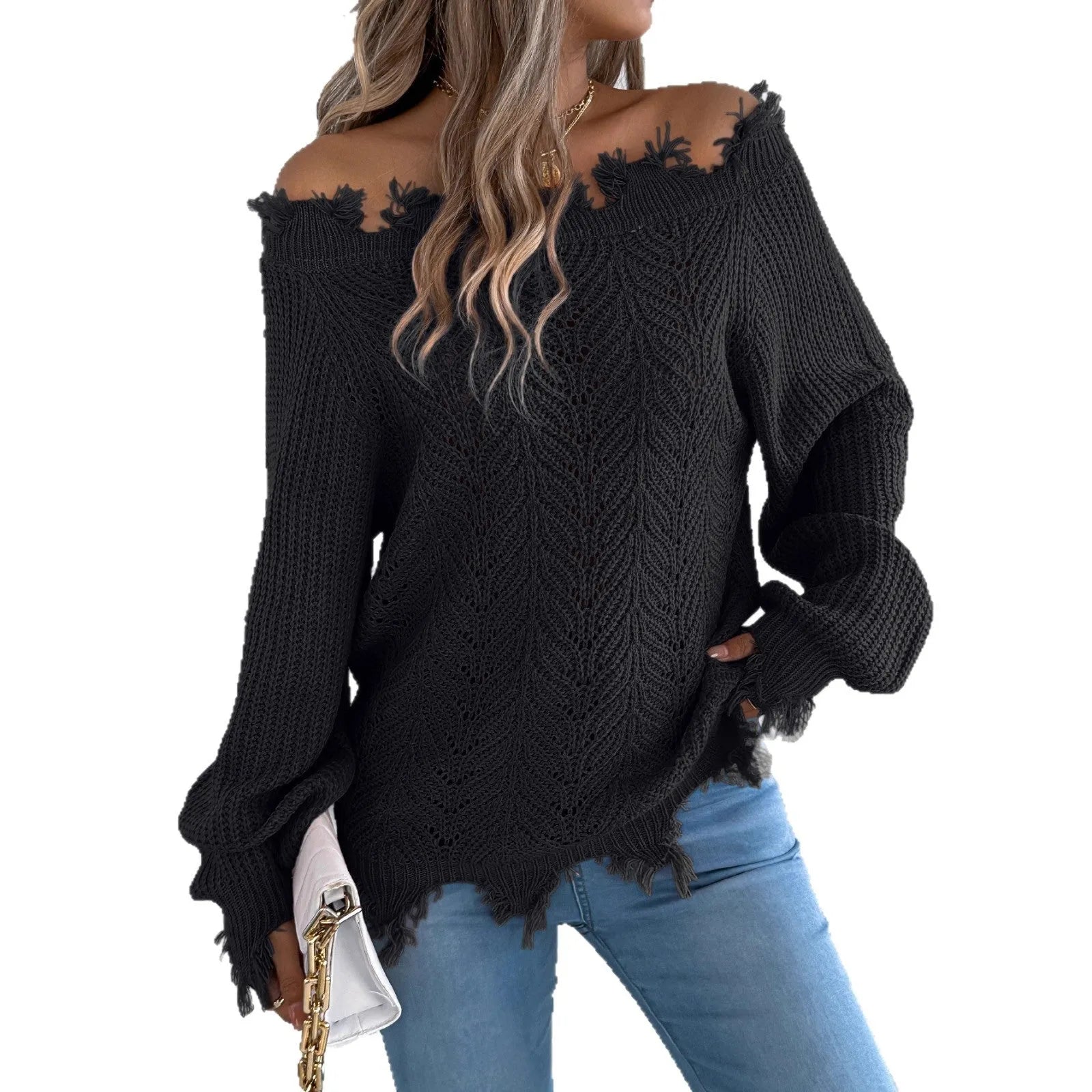 Hollow-out cut-off-the-shoulder pullover sweater in artificial wool acrylic fibre, available in white, orange, and black colours