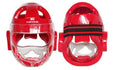 White, blue, and red karate boxing helmet headgear in sizes S, M, L, XL for head protection.