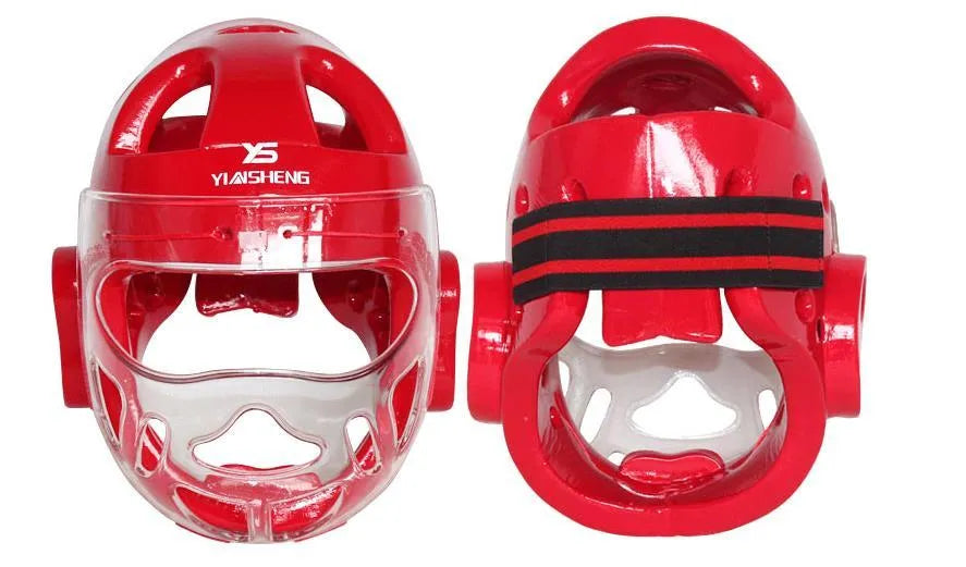 White, blue, and red karate boxing helmet headgear in sizes S, M, L, XL for head protection.