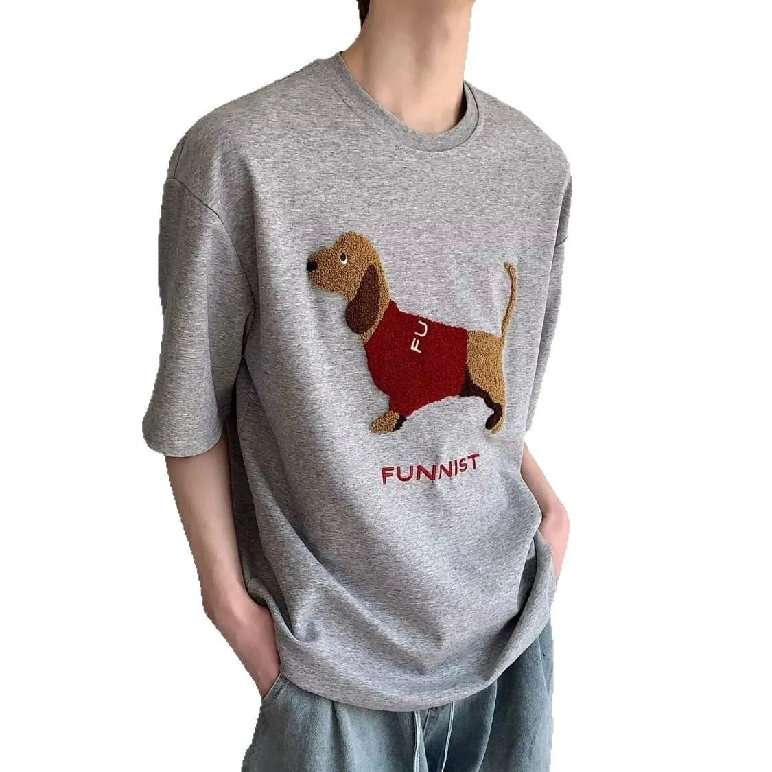 Grey men's cotton T-shirt with an embroidered cartoon dachshund holding a towel.