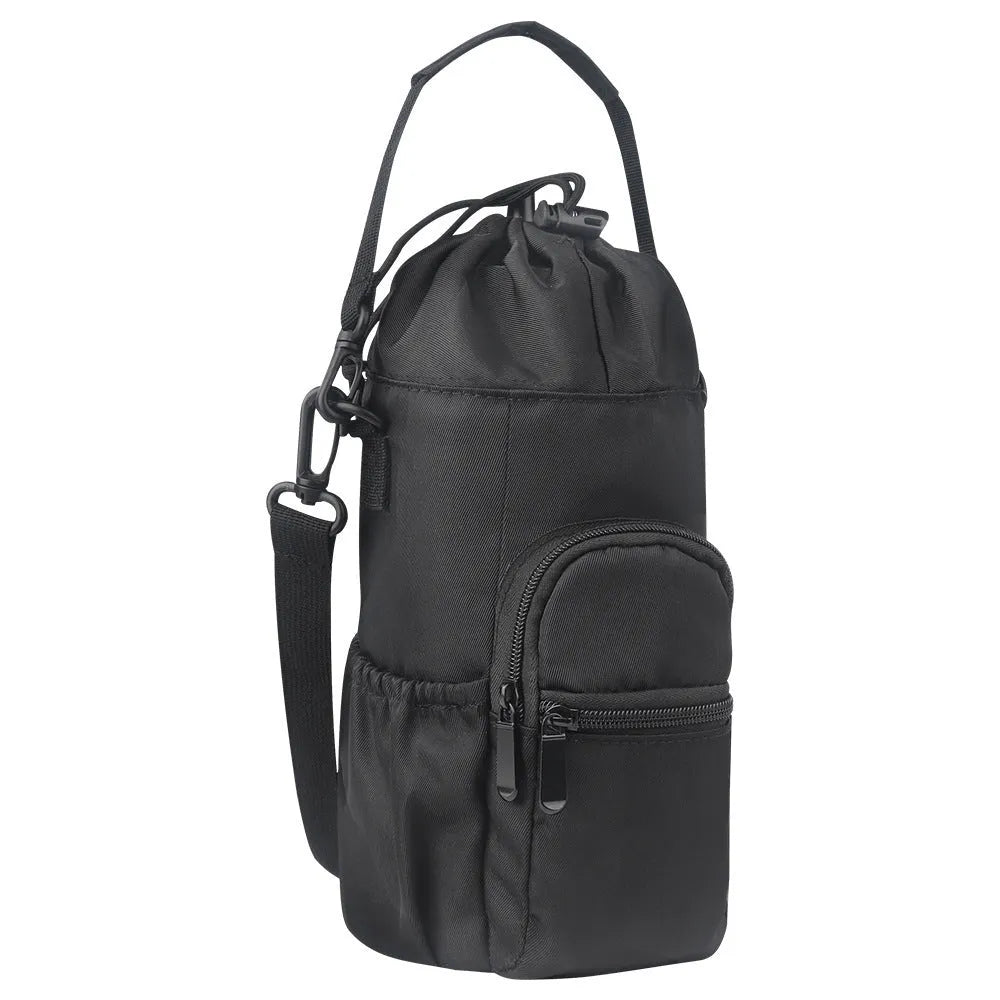 Canvas water bottle shoulder bag with crossbody strap in black, green, and pink colour options
