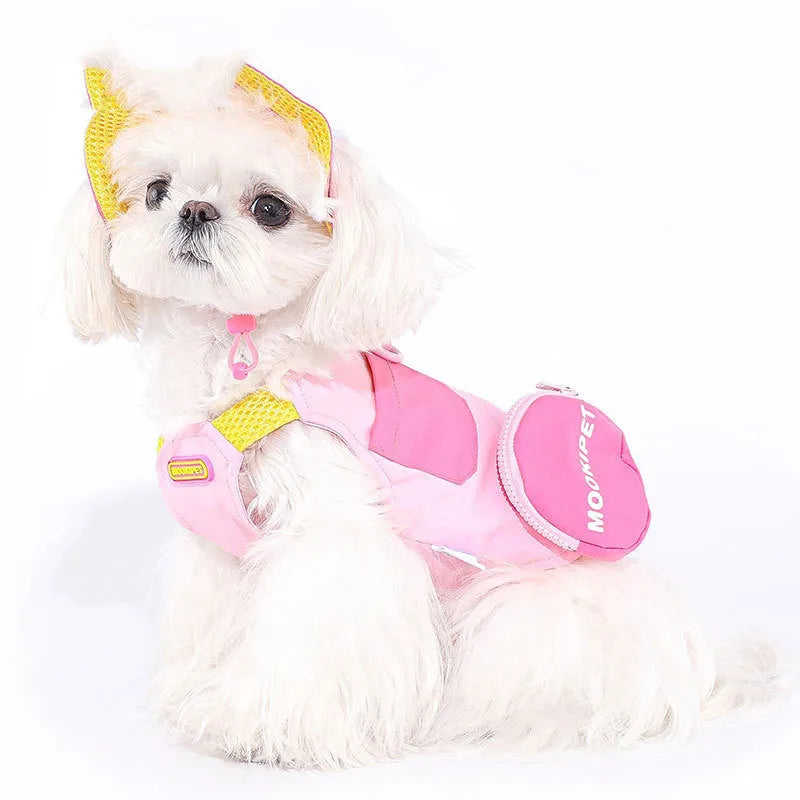 Pink polyester pet vest for small dog breeds on mannequin showing adjustable chest closure