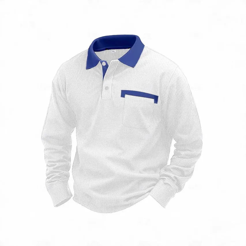 Man wearing a long-sleeved waffle texture polo shirt in a loose fit, showcasing the asymmetric detail.
