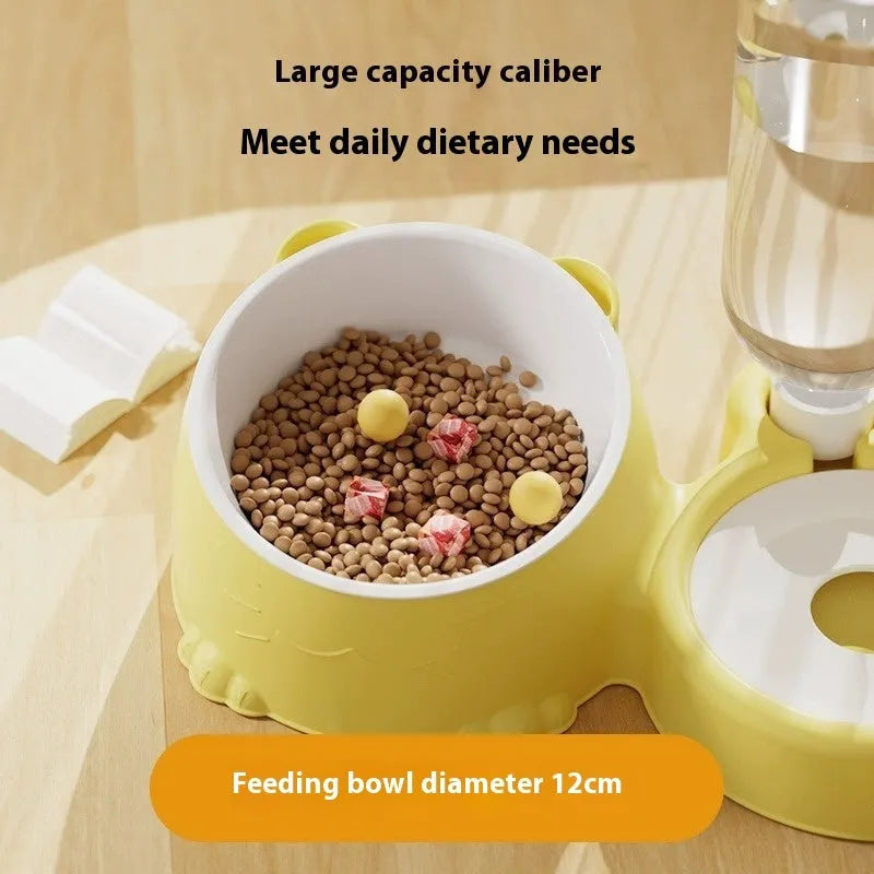 Automatic cat drinking basin with stainless steel ceramic design and separate food bowl in haze blue colour