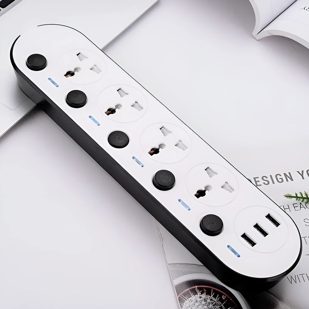 Multi-switch international power strip with USB ports and UK, US, EU plug options.
