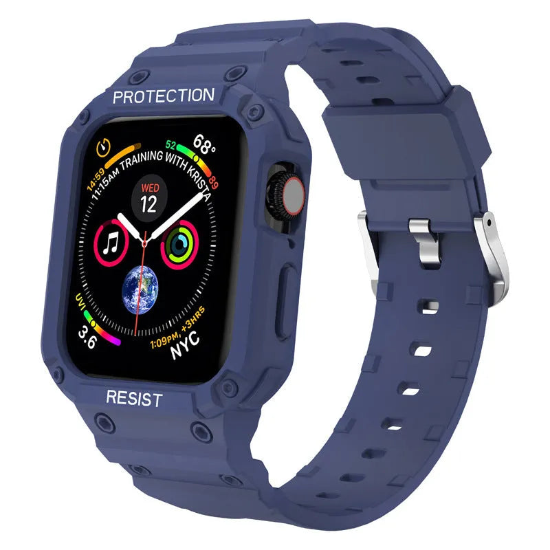 Apple Watch Series 8 compatible soft TPU sport strap in multiple colours showing 42mm and 38mm size options.