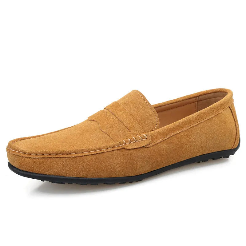Men's suede slip-on loafers in solid colours with round toe and rubber sole