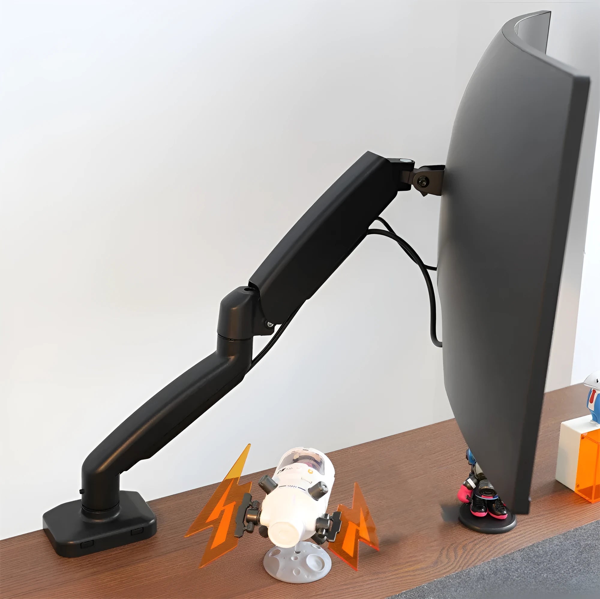 Black and white rotating telescopic LCD monitor stand with metal aluminium construction on a desk