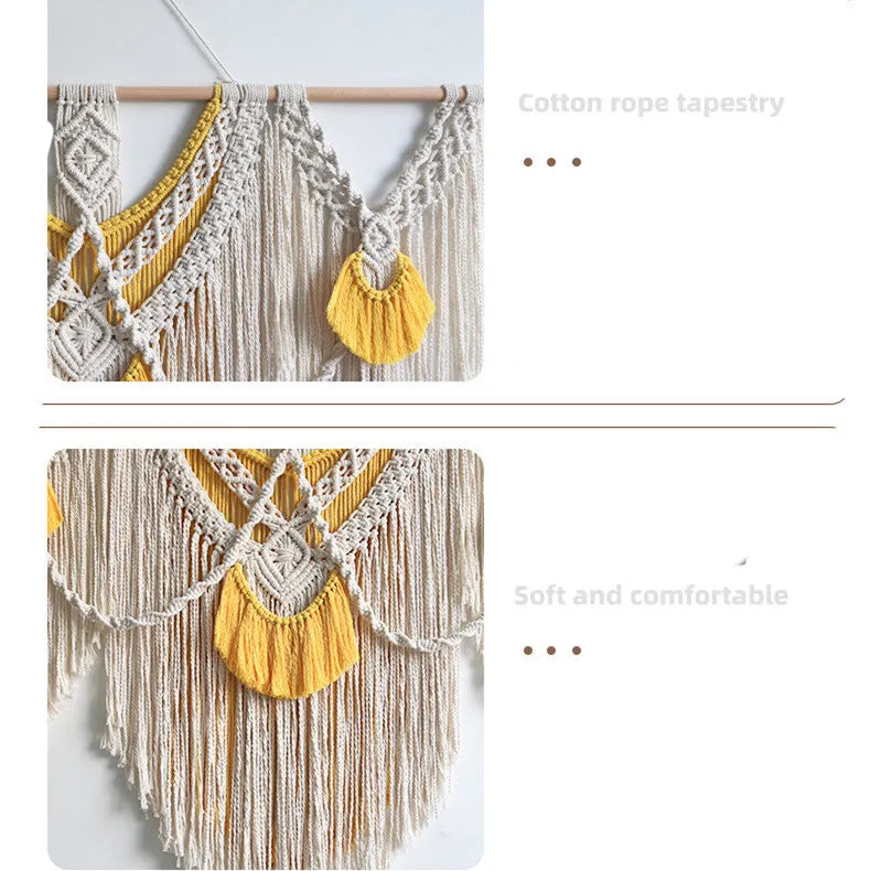 Nordic style hand-woven cotton tapestry wall hanging with creamy white and yellow threads