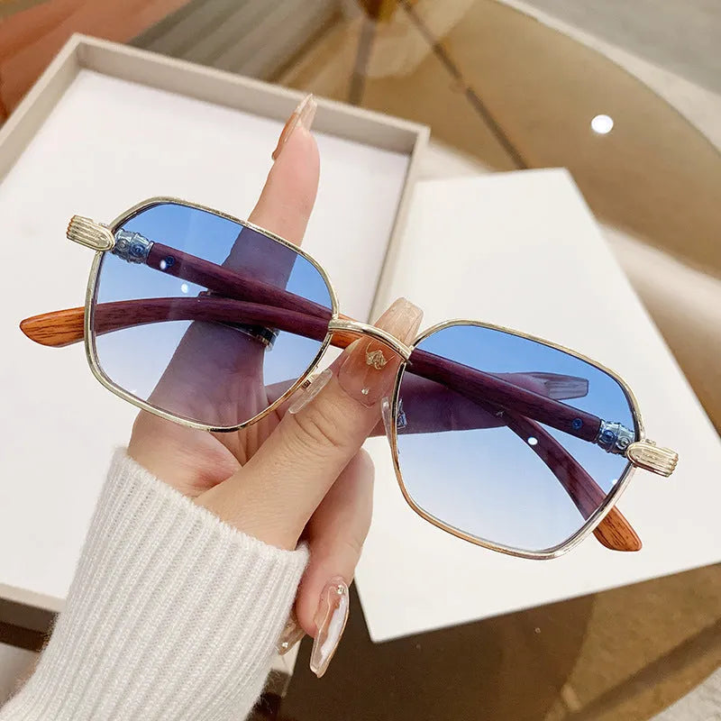 Women's frameless glasses with gold alloy wood grain frame and coloured lenses