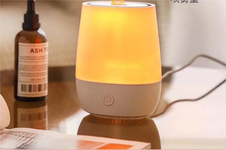 White USB aromatherapy diffuser with simulated flame effect and compact dimensions