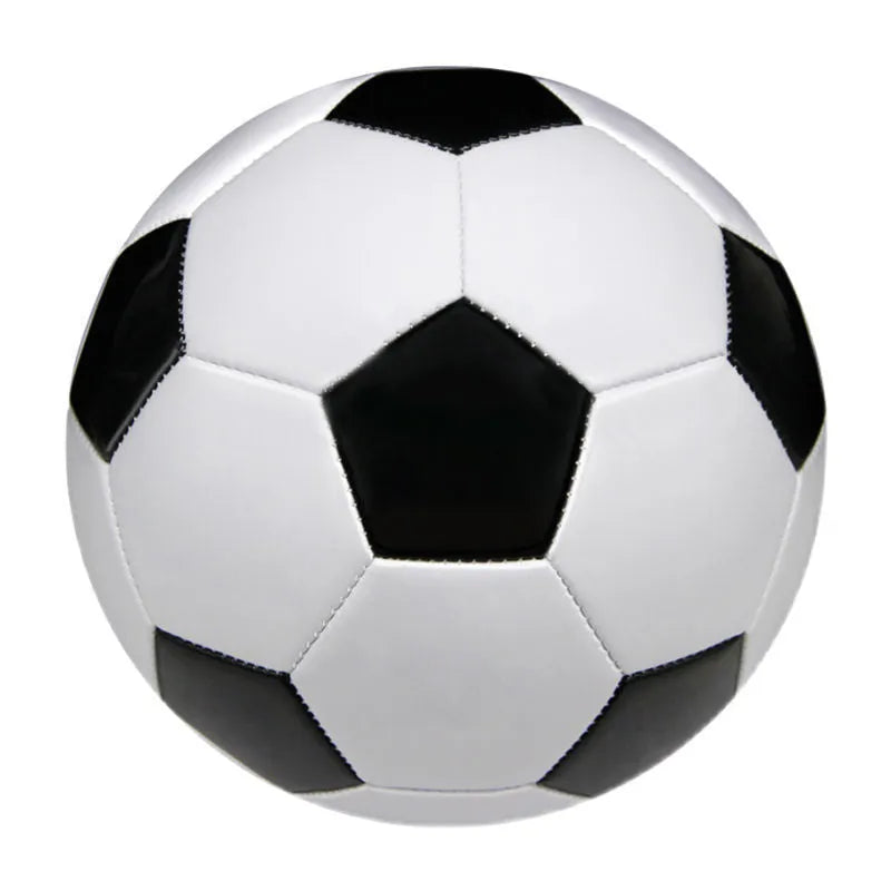Machine-sewn PVC football in sizes 3, 4, and 5 shown in various colour patterns including red dragon roll and tornado blue.