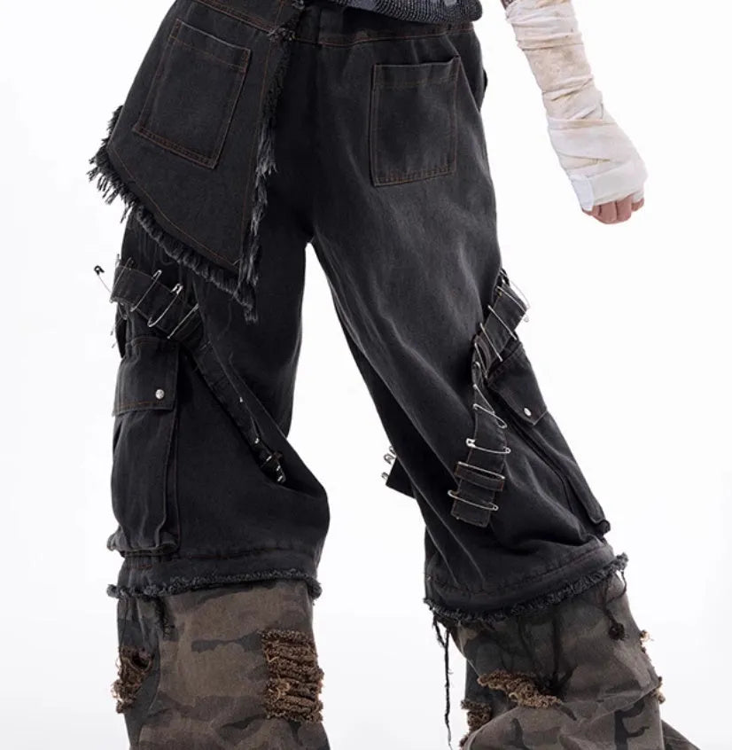 Men's grey camouflage jeans with pin and ribbon details on cotton denim.