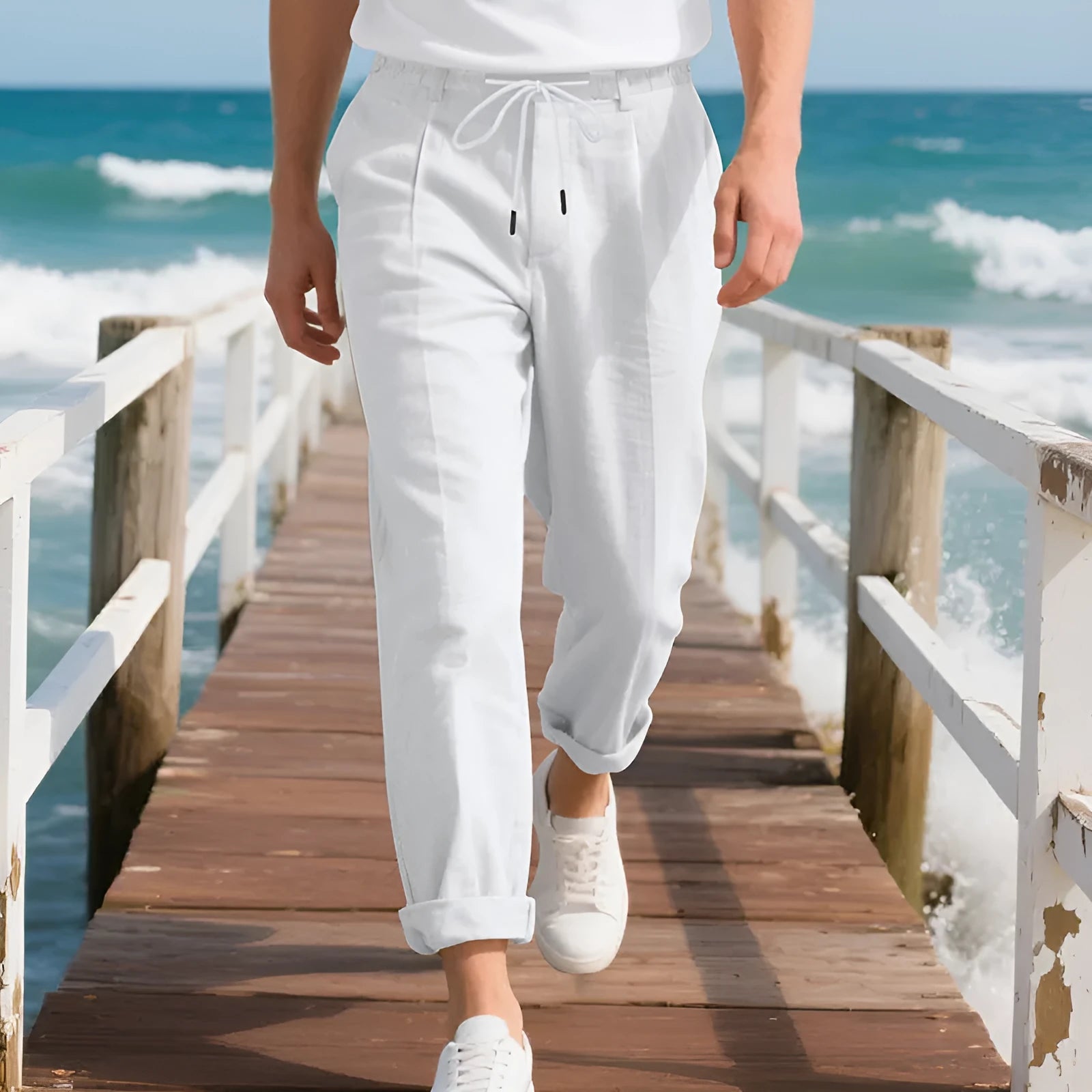 Men's light khaki linen casual trousers with a loose straight-leg fit and drawstring waist.