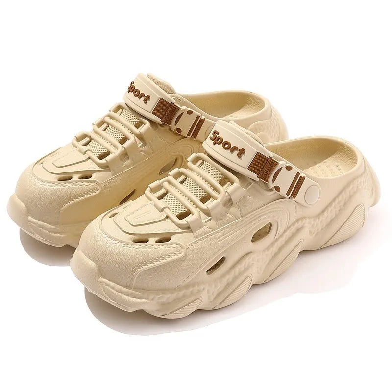 Men's khaki outdoor summer slippers with hollow-out design and textured EVA sole.