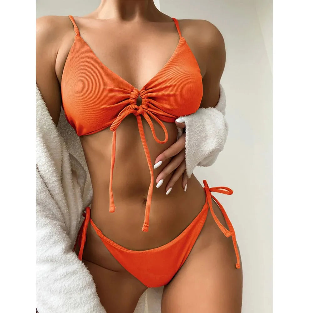 Women's solid colour drawstring bikini swimsuit in quick-drying nylon fabric