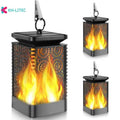 Black solar-powered hanging lantern with flickering LED flame light effect for garden decoration.