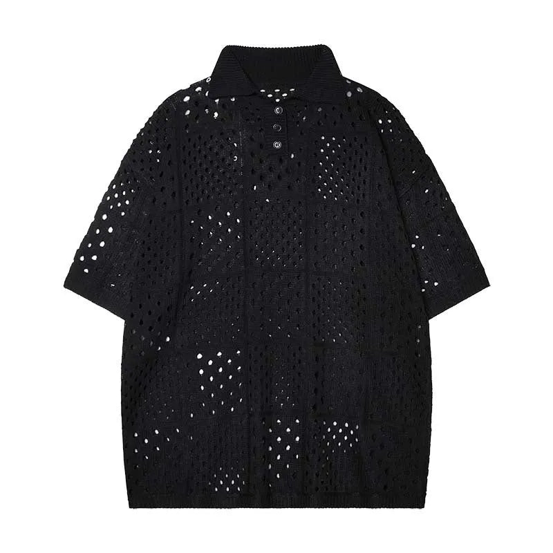 Short-sleeved polo shirt in loose cardigan style for teenagers, available in black or white colours