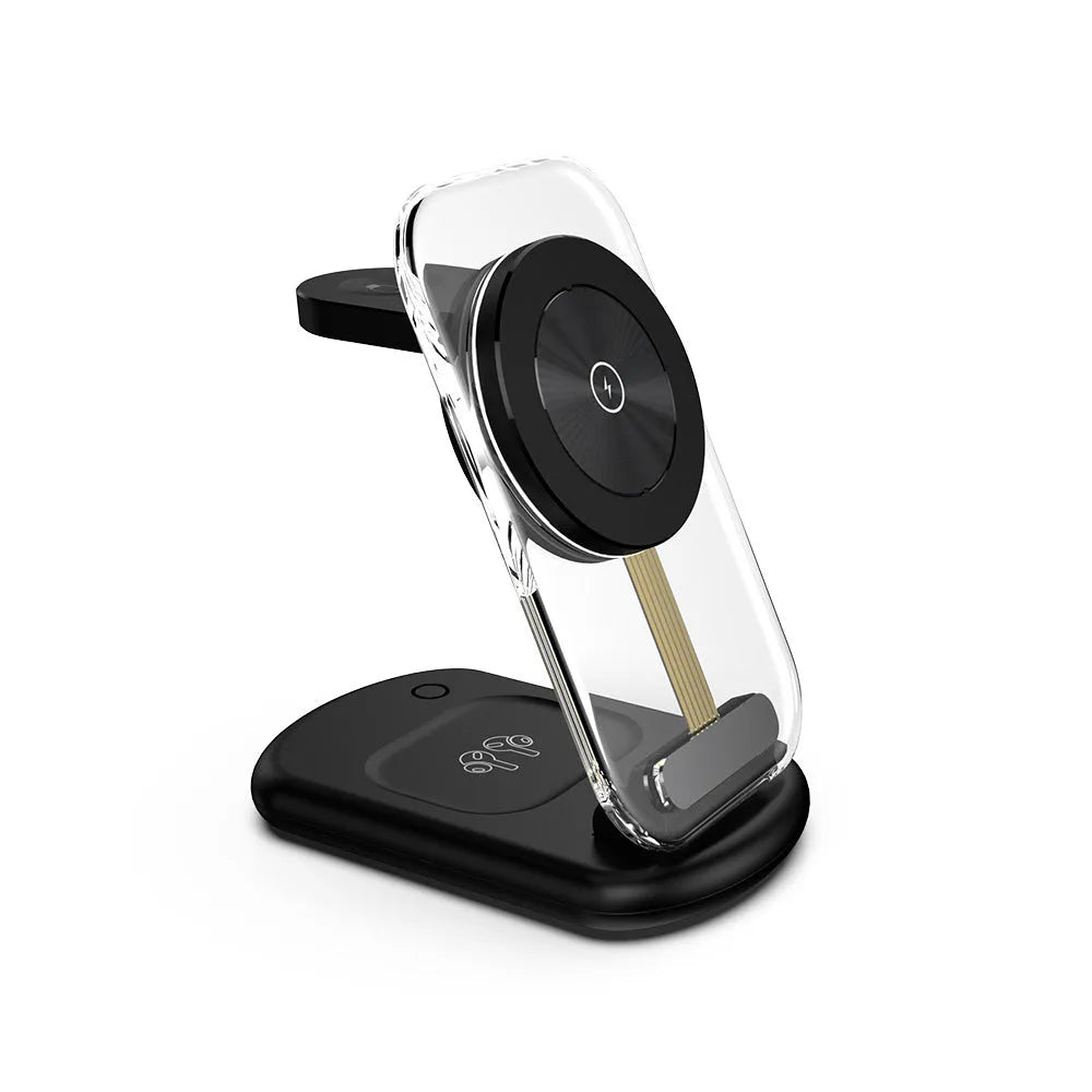 Transparent folding magnetic three-in-one wireless charger showing internal components with QC3.0 fast charge support
