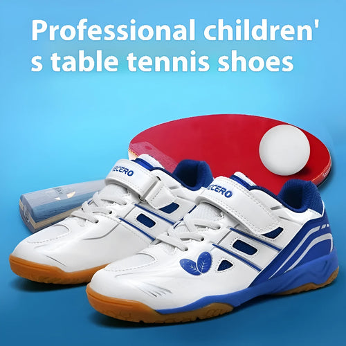 White and blue breathable PVC badminton shoes with a ribbed sole on a court surface.