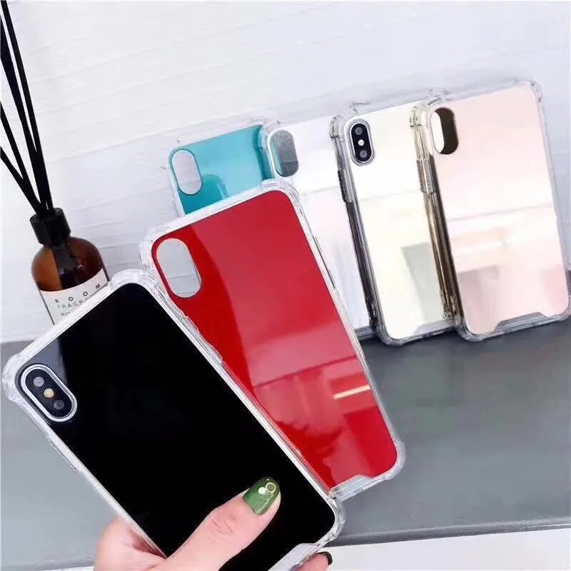 Mirror finish protective TPU case for iPhone shown in various colours.