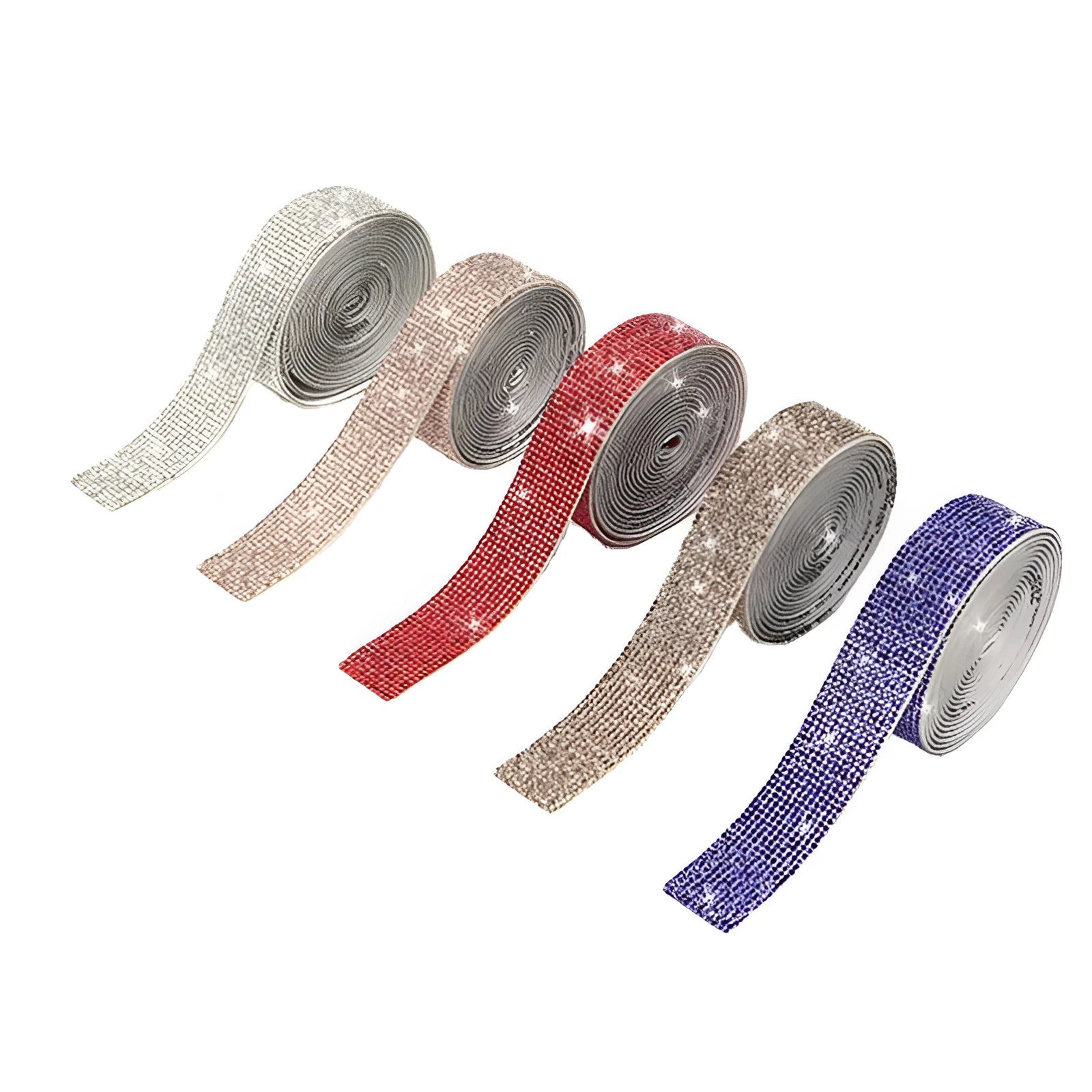 Self-adhesive glass rhinestone strip on a roll showing white and AB colour options.