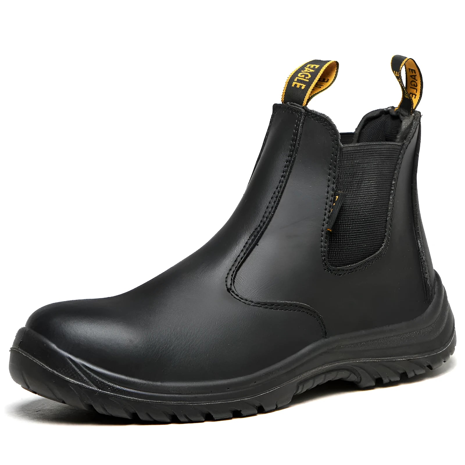 Black leather high-top safety shoes with anti-piercing protection for workplace use