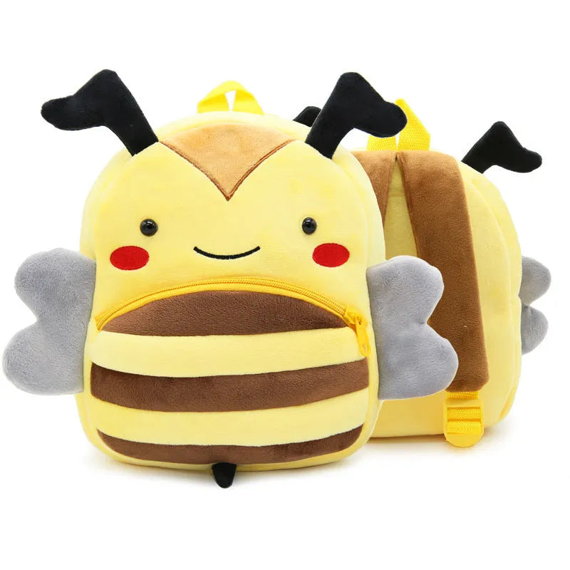 Soft plush children's backpack with cartoon animal design, showing zippered main compartment.
