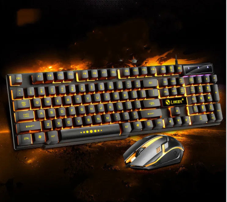 Limei GTX300 black gaming keyboard and mouse set with backlit keys on desktop