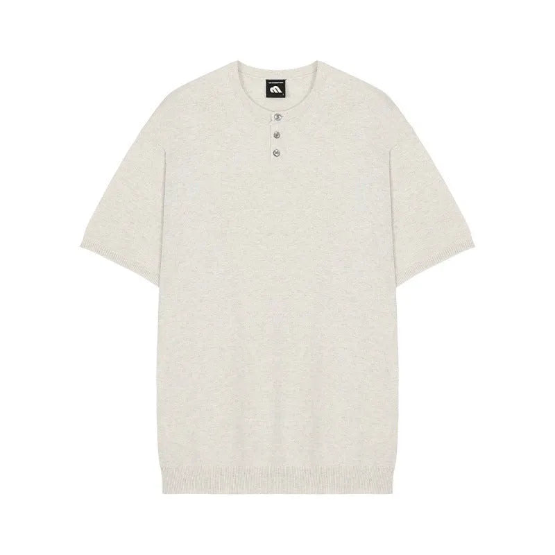Men's short-sleeved ice silk knitted shirt in slim fit showing black, khaki and white colour options