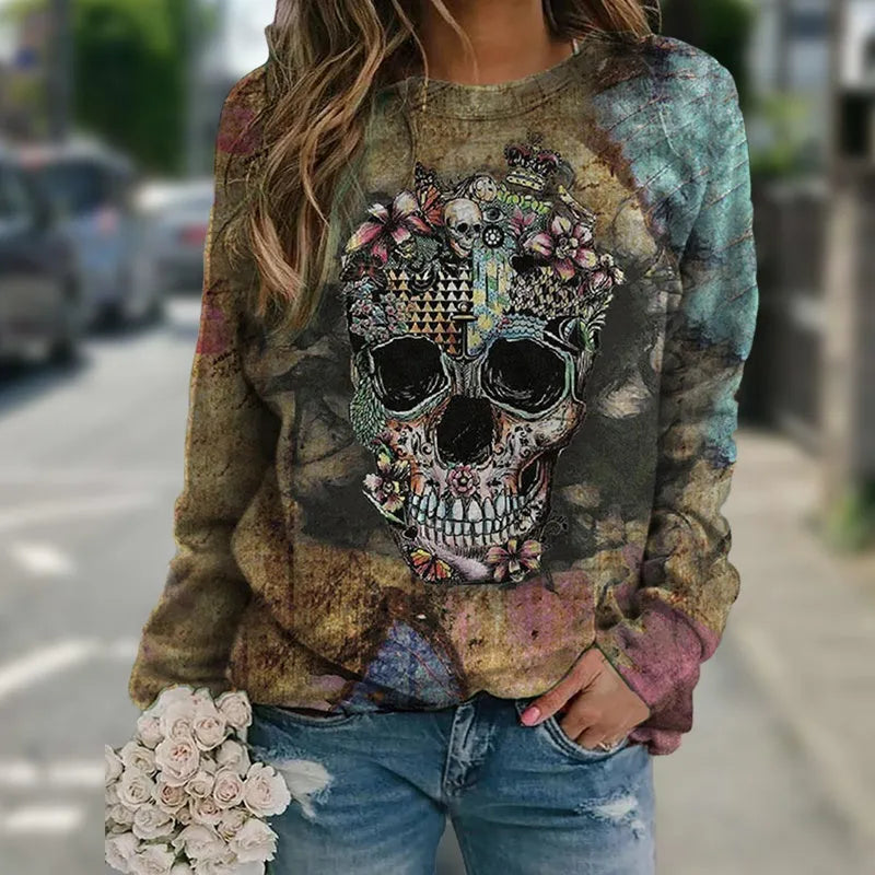 Black long sleeve sweatshirt with a detailed skull print on the front.