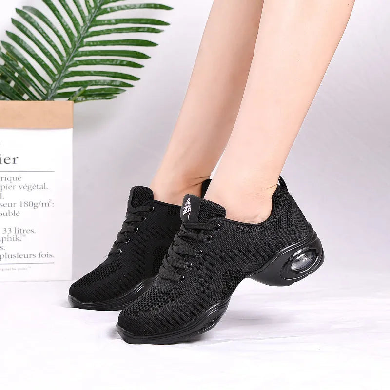 Women's Flyknit woven mesh dancing shoes with soft PU sole in multiple colour variations for summer dance and sports