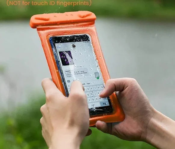 Orange waterproof phone pouch with double airbag design and a black lanyard.