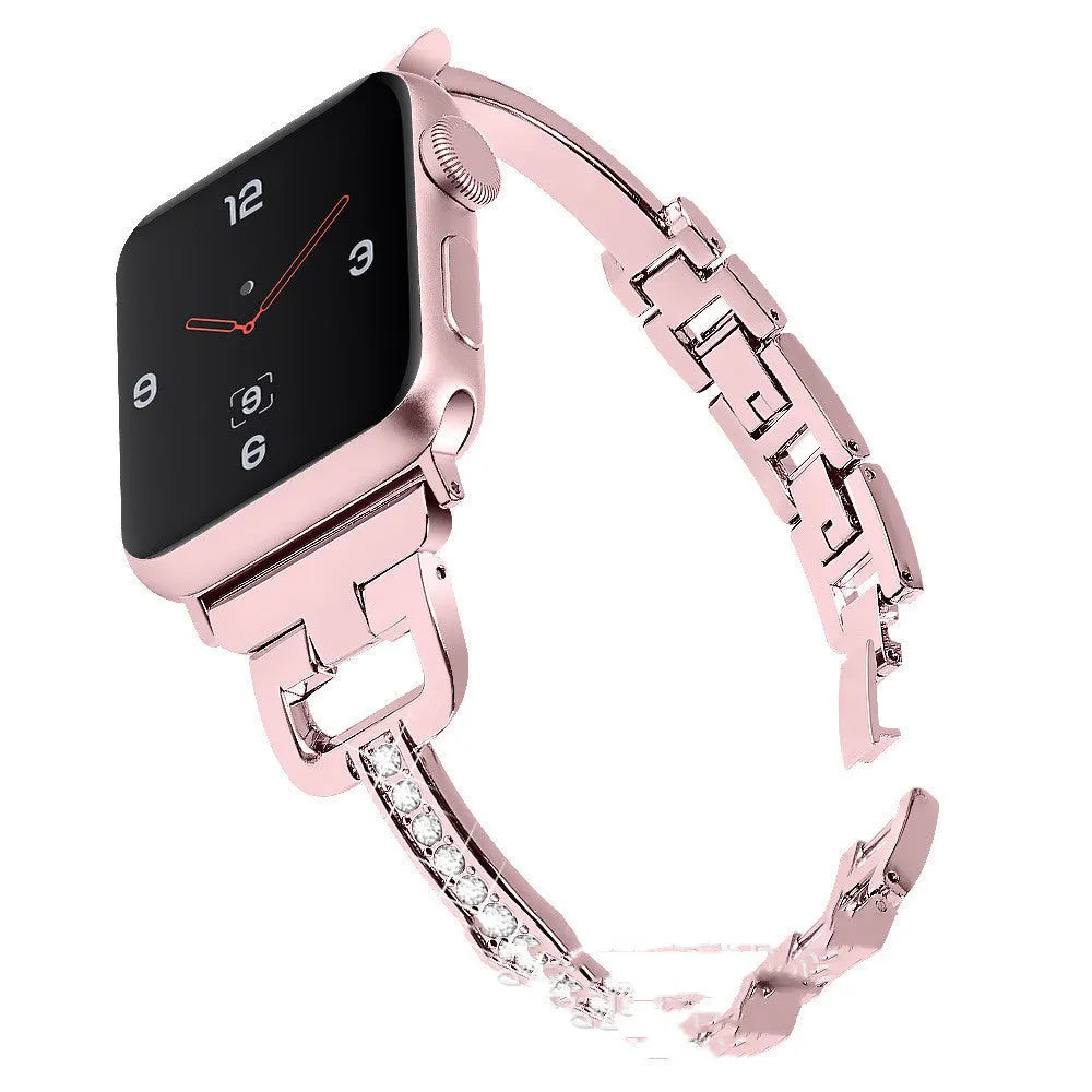 Smart watch with D-shaped metal diamond-patterned strap compatible with Apple Watch