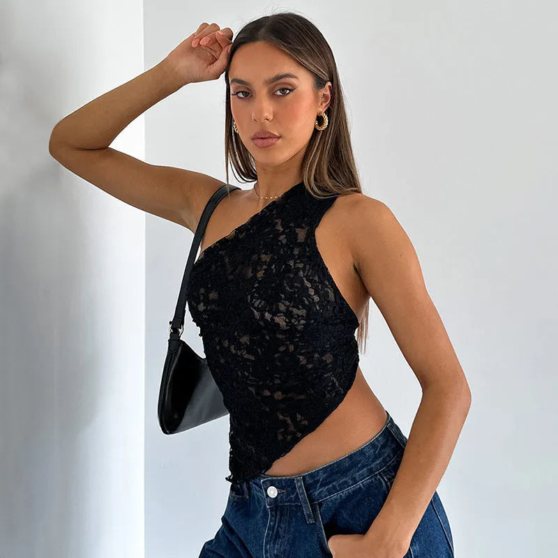 Women's slim-fit lace backless vest with an asymmetrical neckline in solid colour
