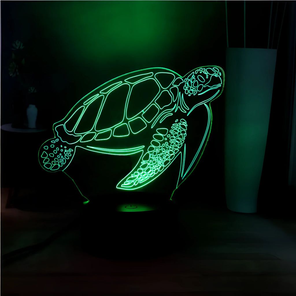 3D green acrylic turtle-shaped LED night light with multi-colour glow