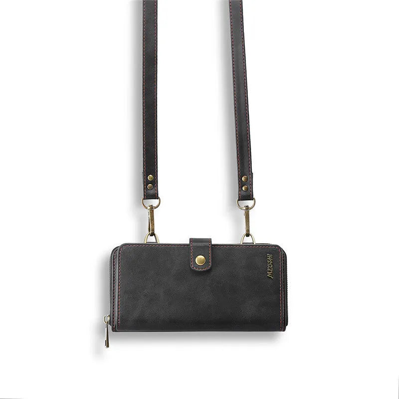 Black detachable leather wallet flip phone case for Samsung Galaxy Note and iPhone, showing separable design.