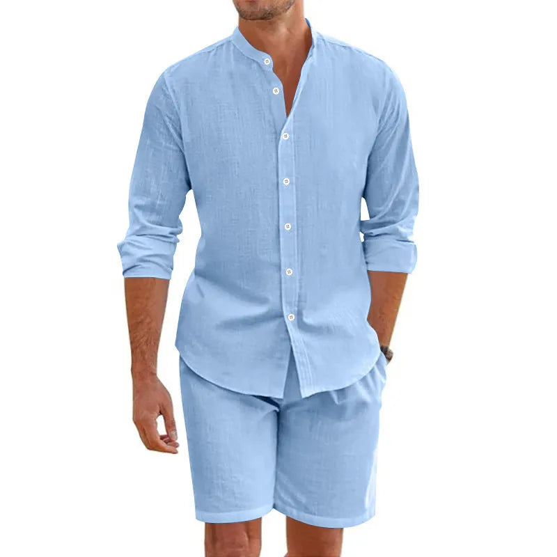 Men's dark grey linen blend summer shirt suit with lapel button-down short sleeve top and drawstring shorts