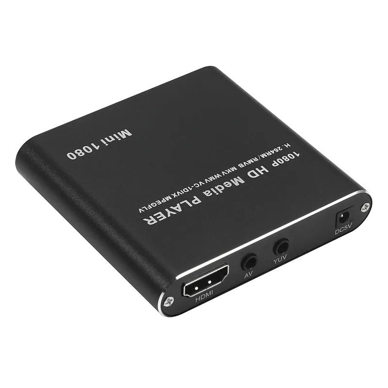 Compact black or blue 1080P HDMI media player with USB and SD card ports.