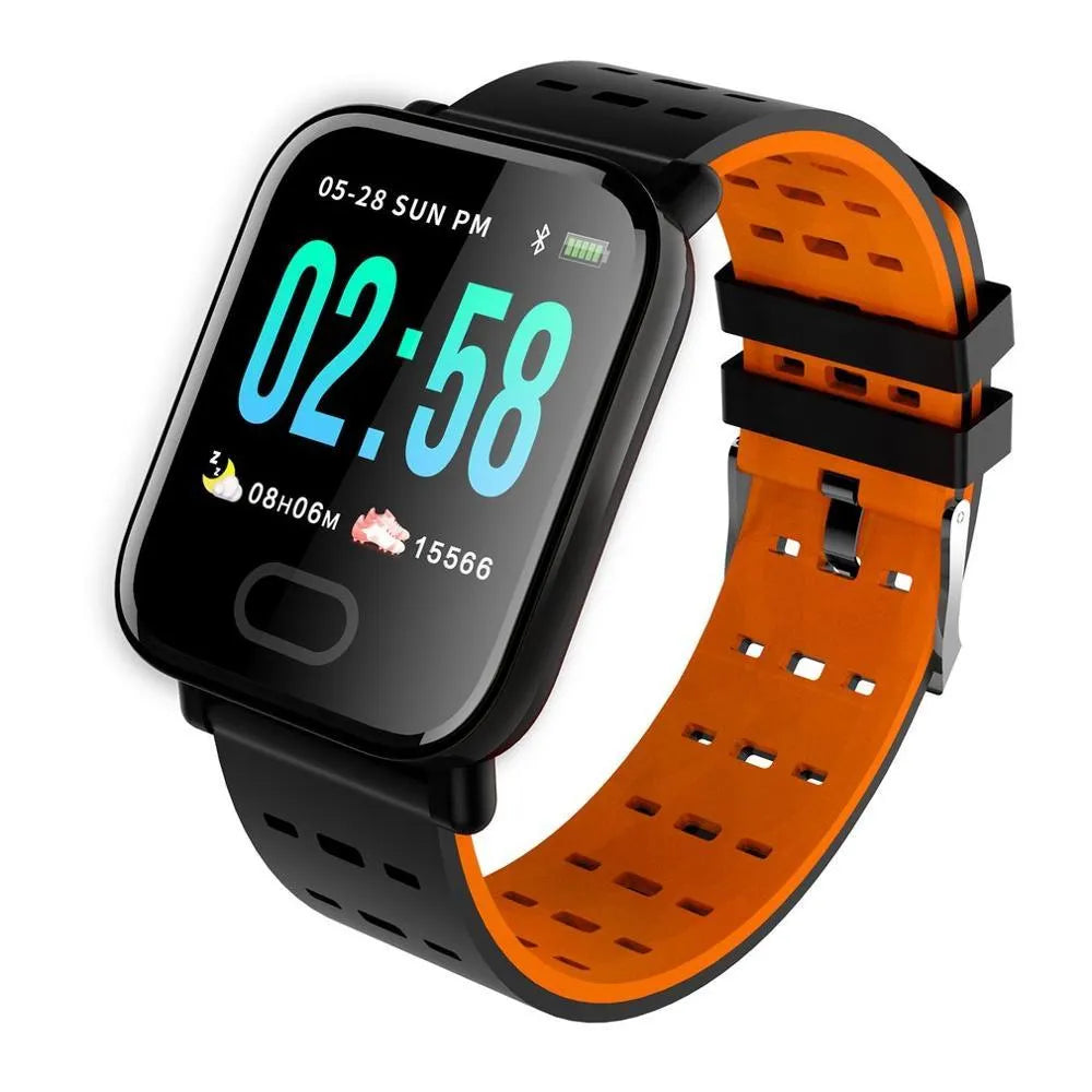 A6 smart bracelet with colour screen on wrist showing fitness data, silicone strap in choice of colours