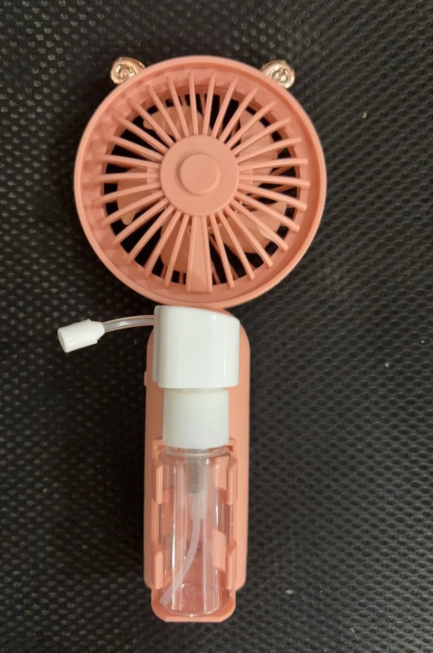 Colourful plastic USB rechargeable personal fan shown in apricot, blue, green, orange, and pink nozzle options.
