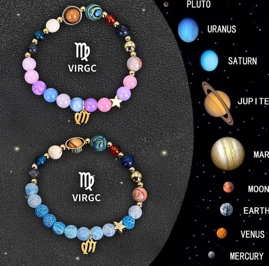 Two natural stone beaded bracelets with Chinese zodiac charms on elastic cord