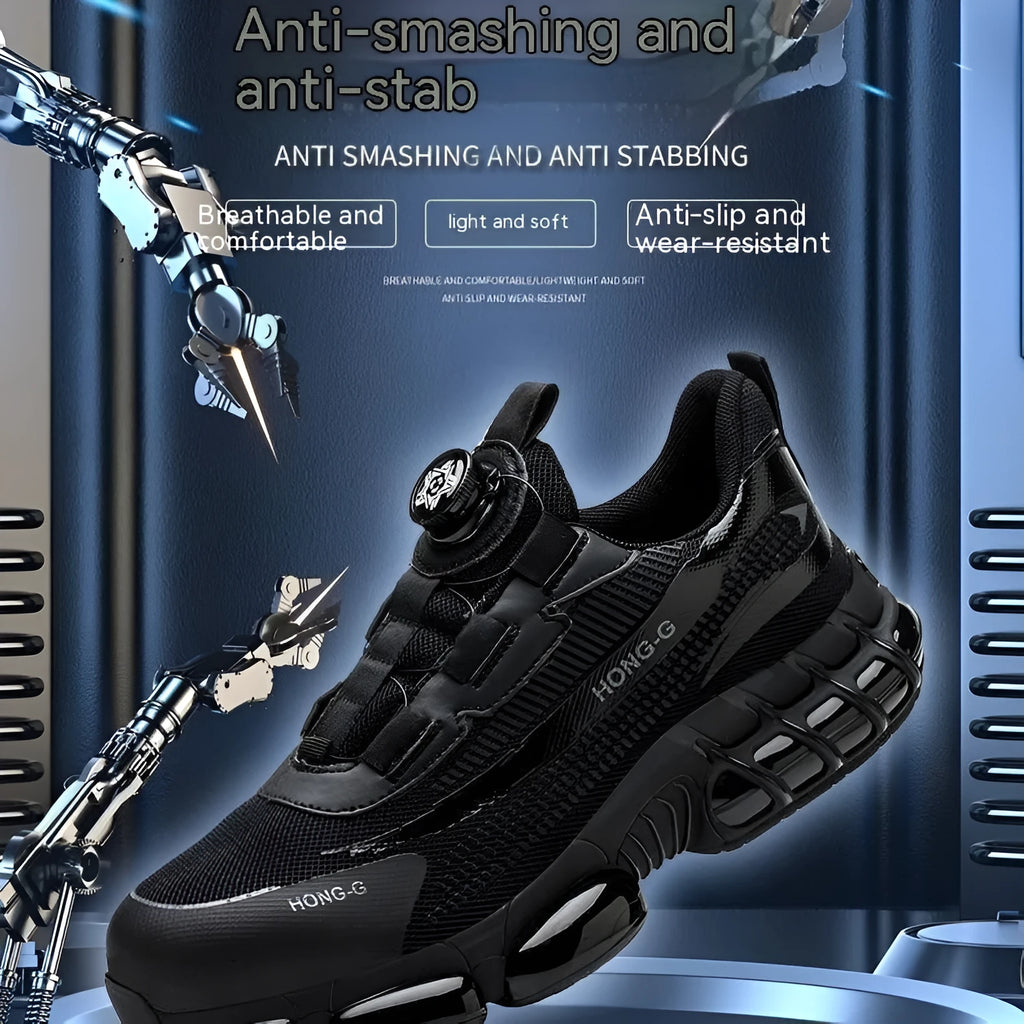 Lightweight black and grey safety shoes with steel toe cap and breathable flyknit upper for industrial work.