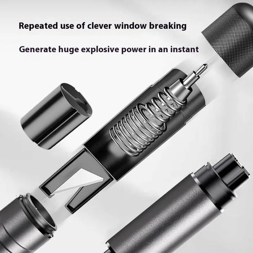 Gun grey aluminium alloy car safety hammer measuring 87mm with seatbelt cutting blade