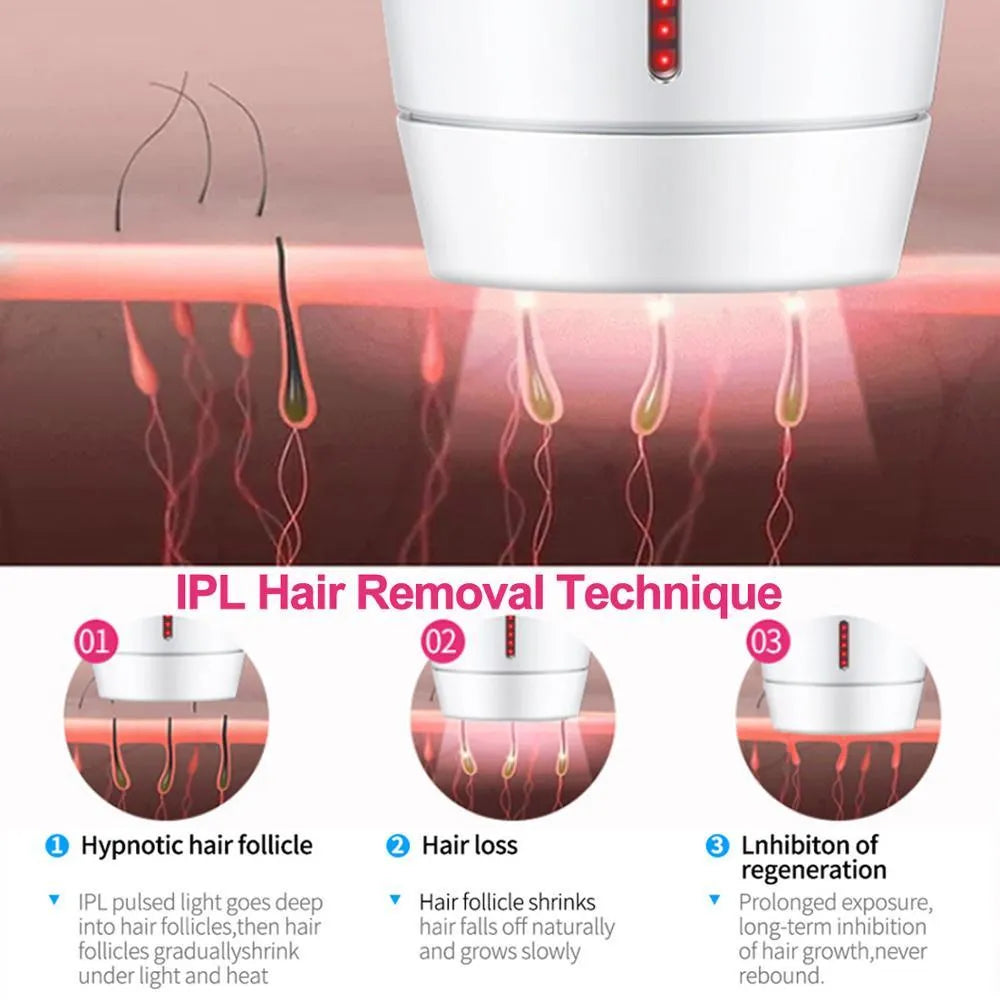 White at-home laser hair removal device with five buttons on a compact handheld body.